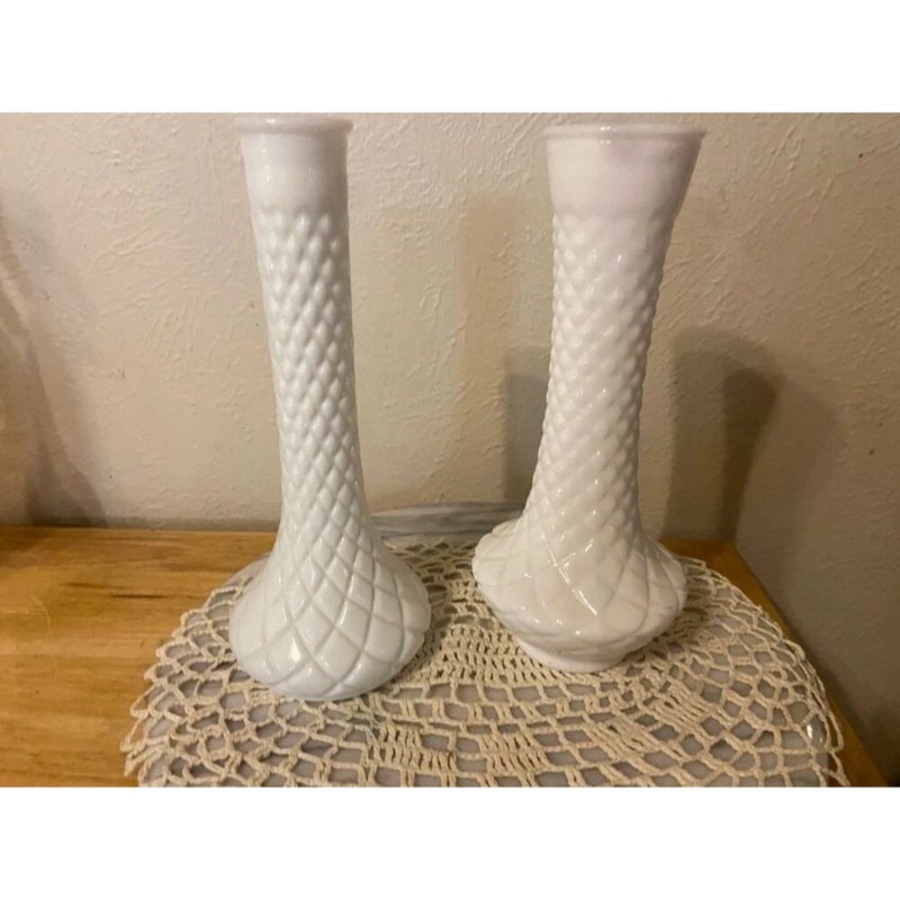 Mismatched Vintage White Milk Glass Bud Vases - Quilted Diamond Pair (9")